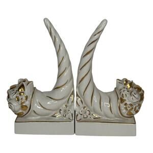 Vintage Elegant Cornucopia Horn of Plenty White with Gold Trim Pair of Bookends
